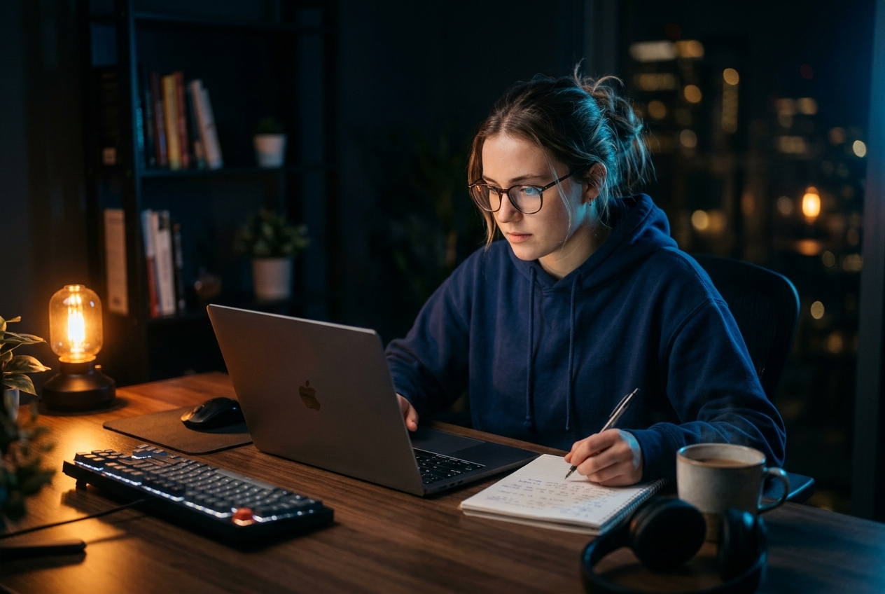 Student studying at night with a laptop